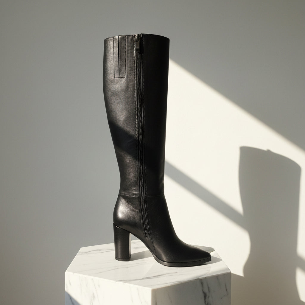 A single black leather knee-high boot with a pointed toe and a high block heel, shown from the side on a white studio backdrop.