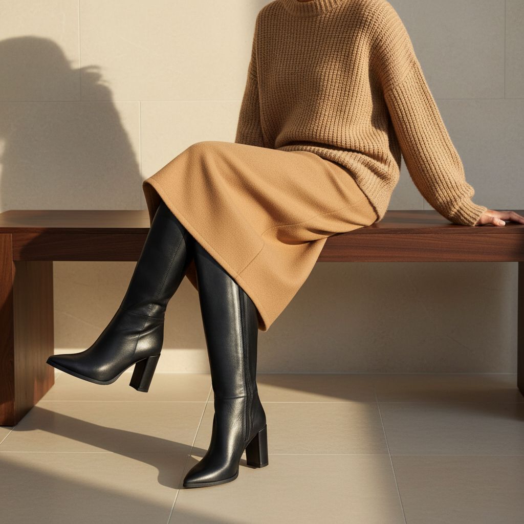A person seated on a wooden bench wearing a camel knit sweater, a matching midi skirt, and black knee-high heeled boots in a sunlit indoor setting.