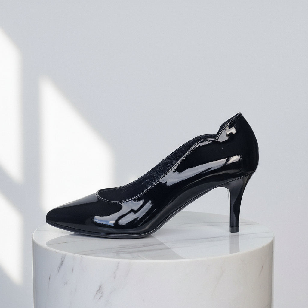 Side view of LUNA petite black patent leather kitten heel court shoes with 6cm heel and ankle cut-out design