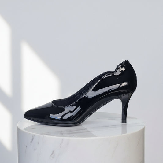Side view of LUNA petite black patent leather kitten heel court shoes with 6cm heel and ankle cut-out design