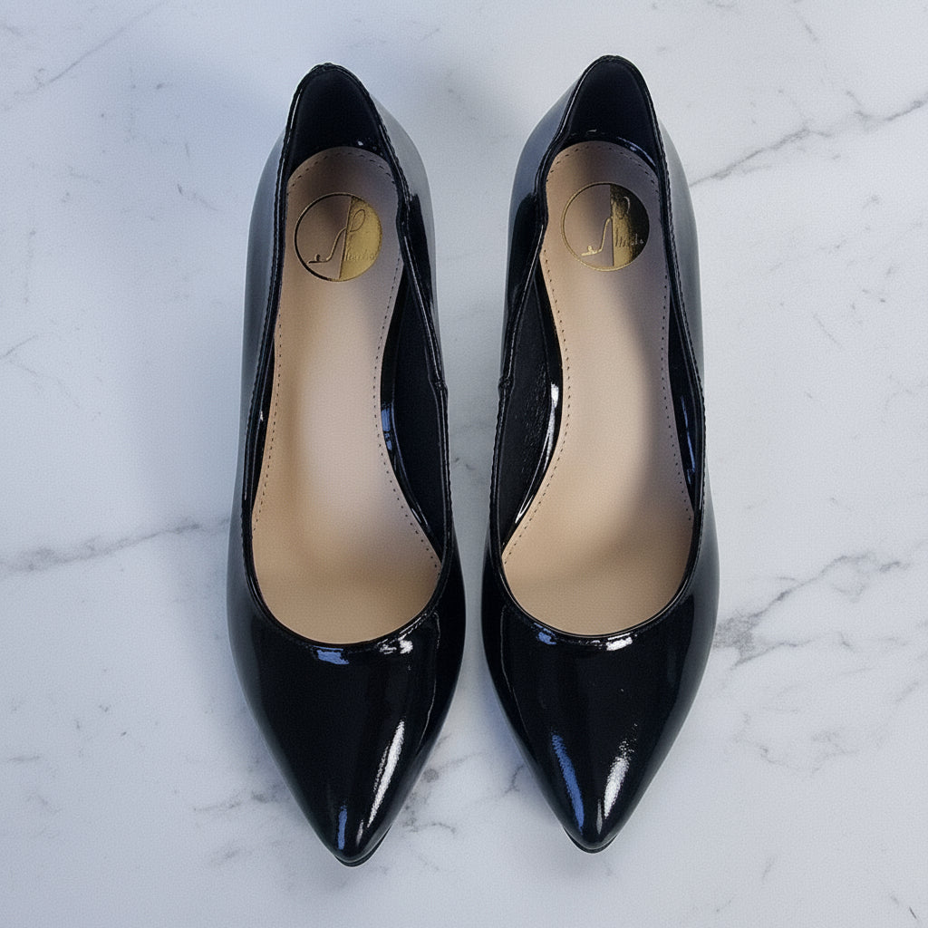 Top view of LUNA black patent leather kitten heel court shoes in small size with pointed toe and leather cushioned insole