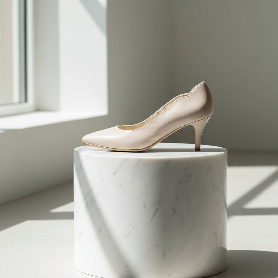 Beige high-heeled shoe on a marble pedestal against a light background