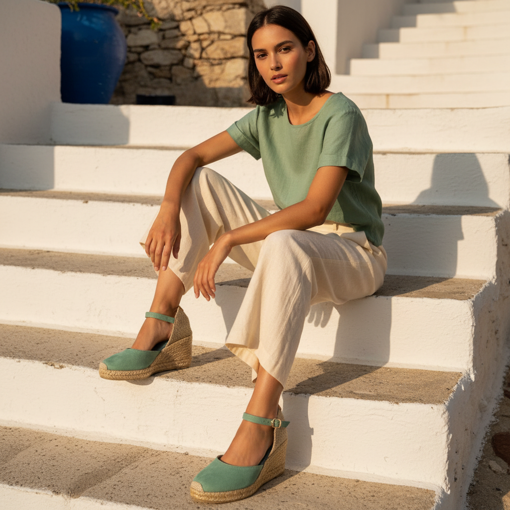 A woman sits on white outdoor steps wearing a sage green short-sleeve top, light beige wide-leg pants, and sage green espadrille wedge sandals.