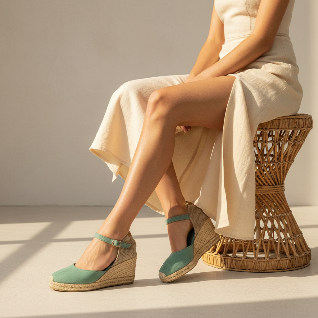 A woman seated on a woven rattan stool wearing mint green wedge sandals with espadrille-style wavy heels and a cream dress in a bright studio setting.