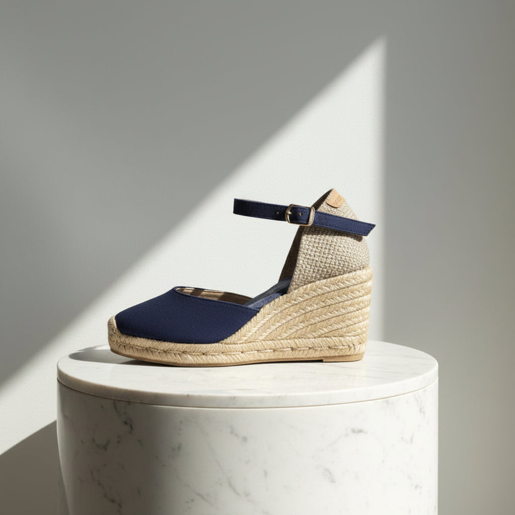 A single wedge espadrille sandal with a navy blue toe and ankle strap, and a beige braided jute wedge heel, displayed on a white marble cylinder pedestal with dramatic diagonal lighting.
