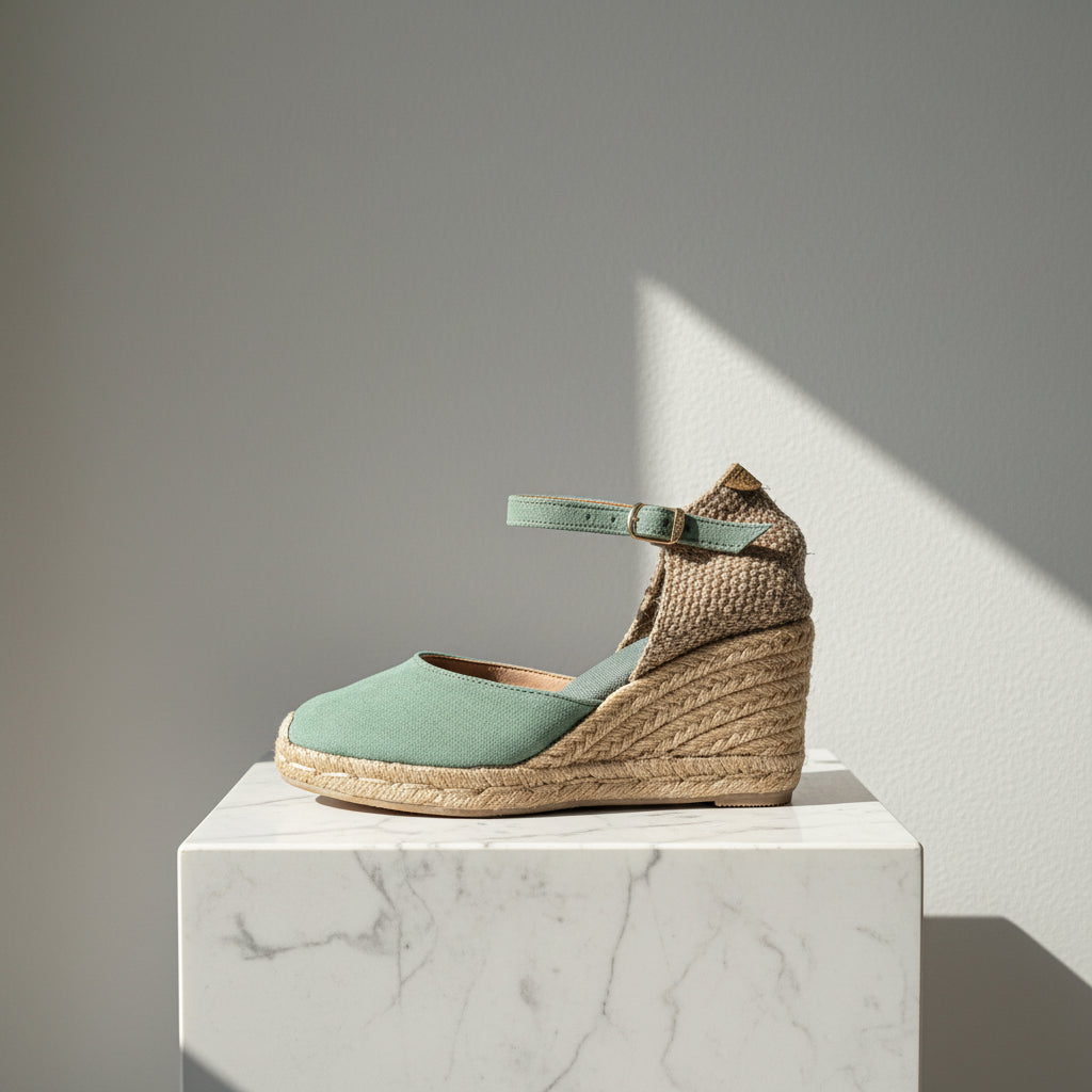 A single wedge espadrille sandal with a sage green suede upper and a braided jute wedge heel, shown against a white corrugated cardboard background.