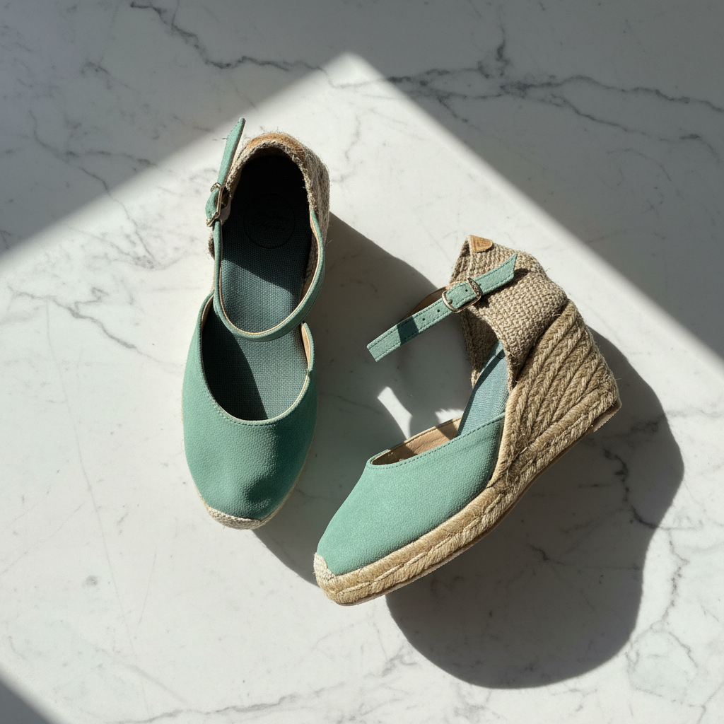 A pair of women's wedge espadrille-style shoes in mint green with braided jute wedge heels, photographed on a white marble surface with strong diagonal sunlight and shadows.