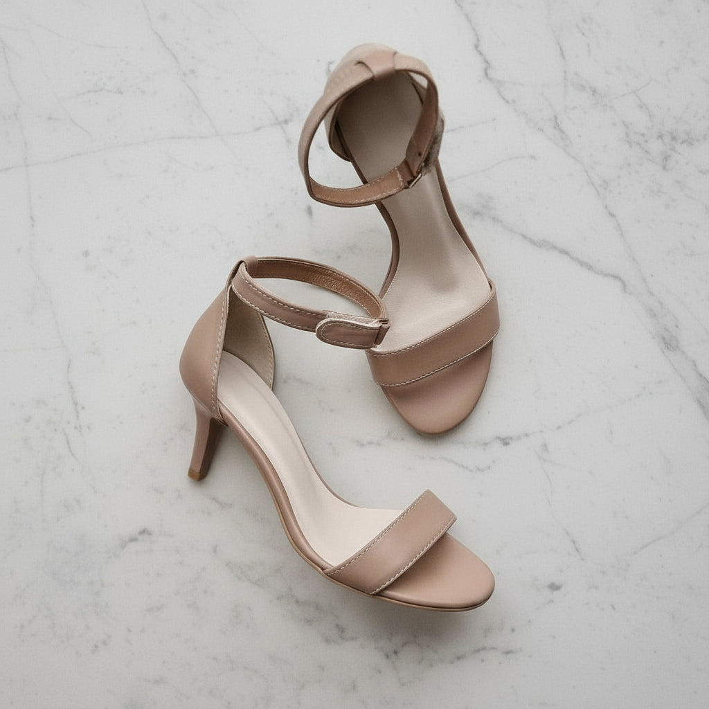 MARIS petite nude leather sandals with 6cm kitten heel and delicate ankle strap on light background