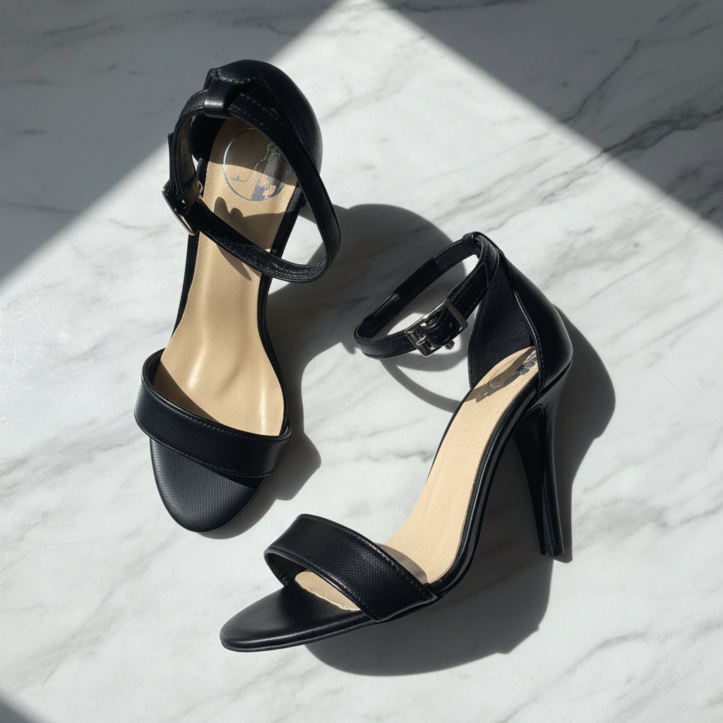 Black high-heeled sandals on a gray background