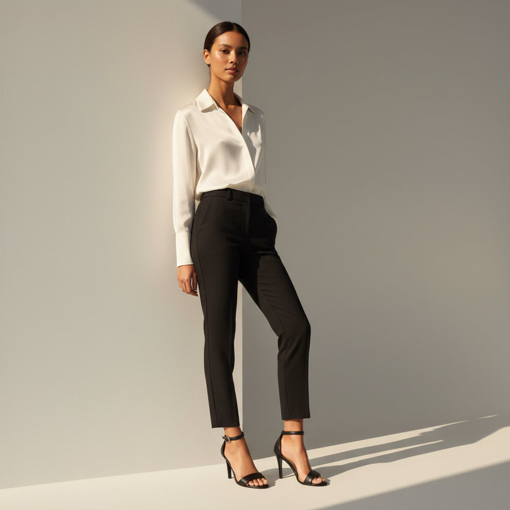 Woman wearing a white blouse and black pants against a gray background