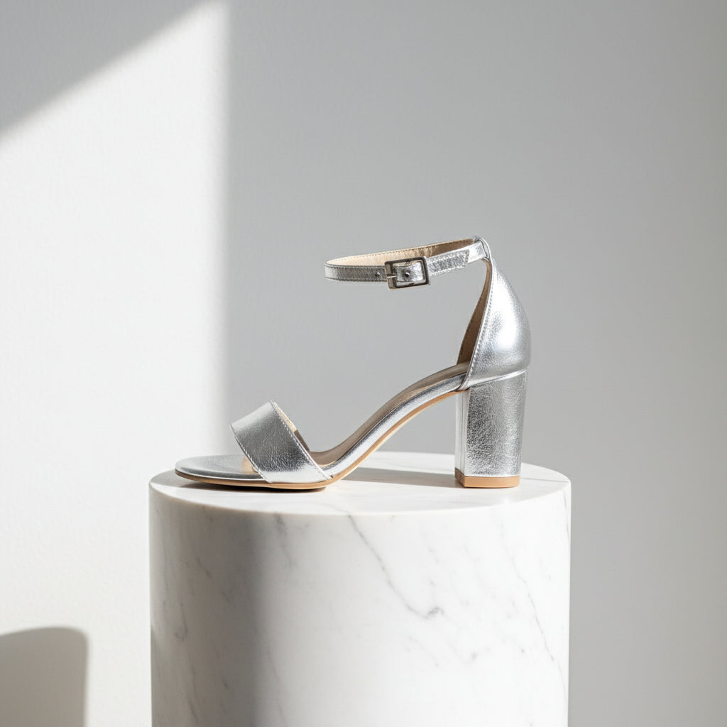 Silver high-heeled sandal on a white marble pedestal with a light gray background