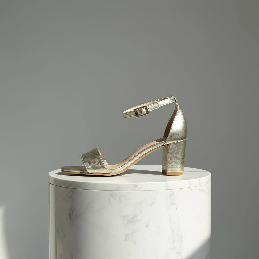 Pair of metallic high-heeled sandals on a marble surface