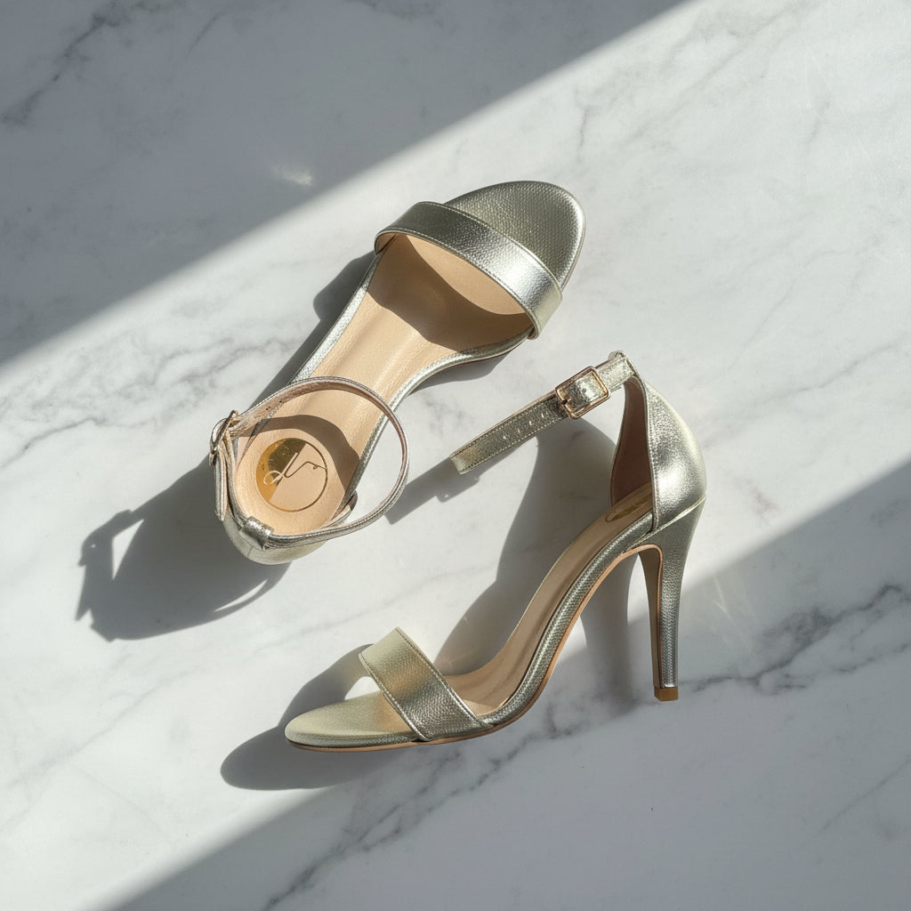 Pair of gold high-heeled sandals on a marble surface