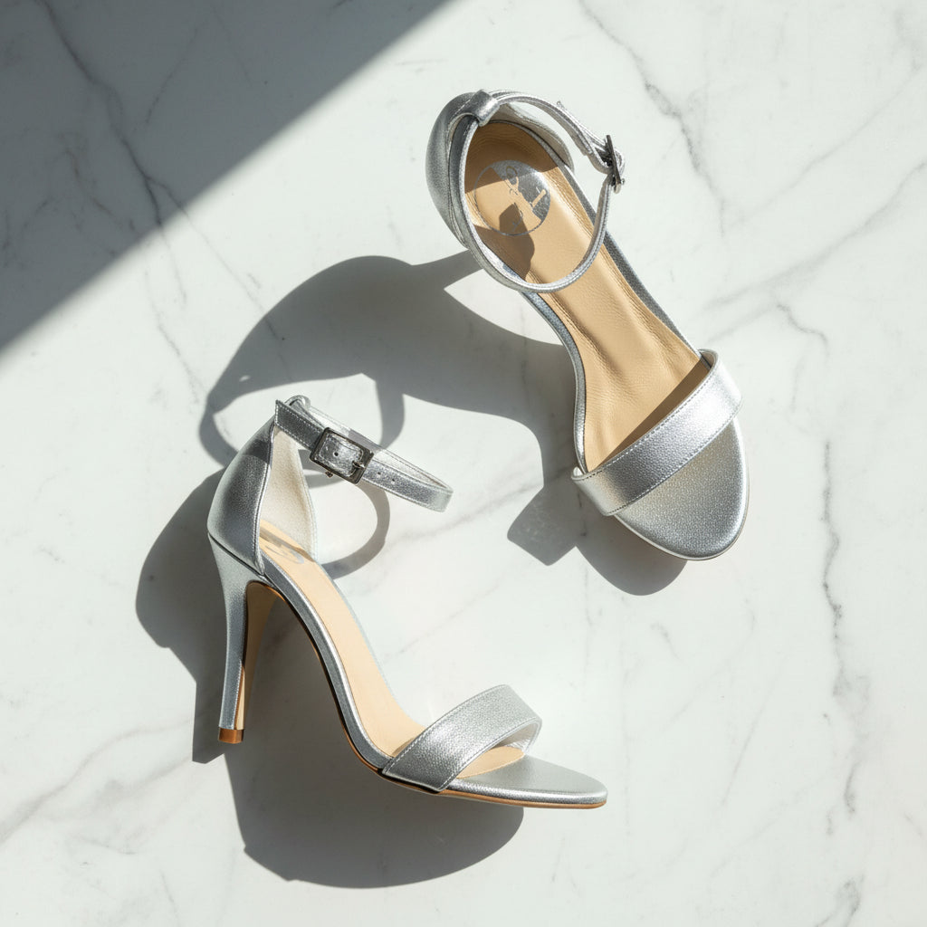 Silver high-heeled sandals on a white background