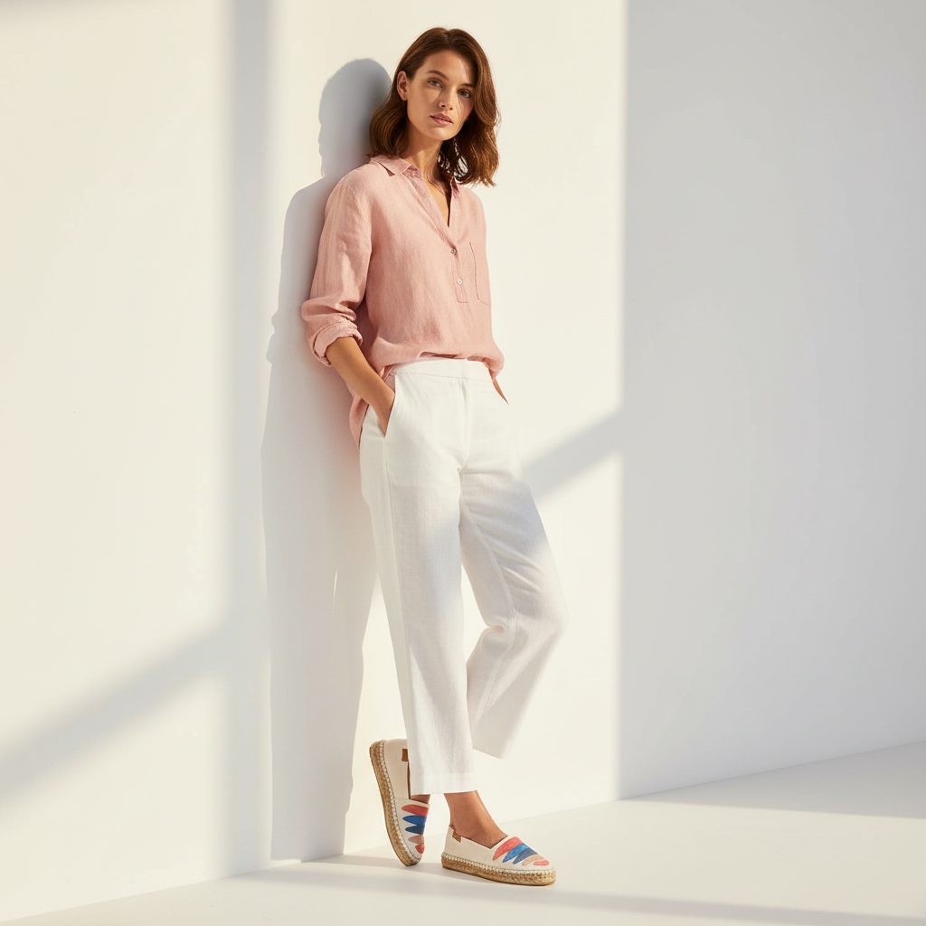 A woman leans against a white wall in a minimalist room, wearing a light pink linen button-up shirt, white wide-leg trousers, and colorful espadrille sandals.