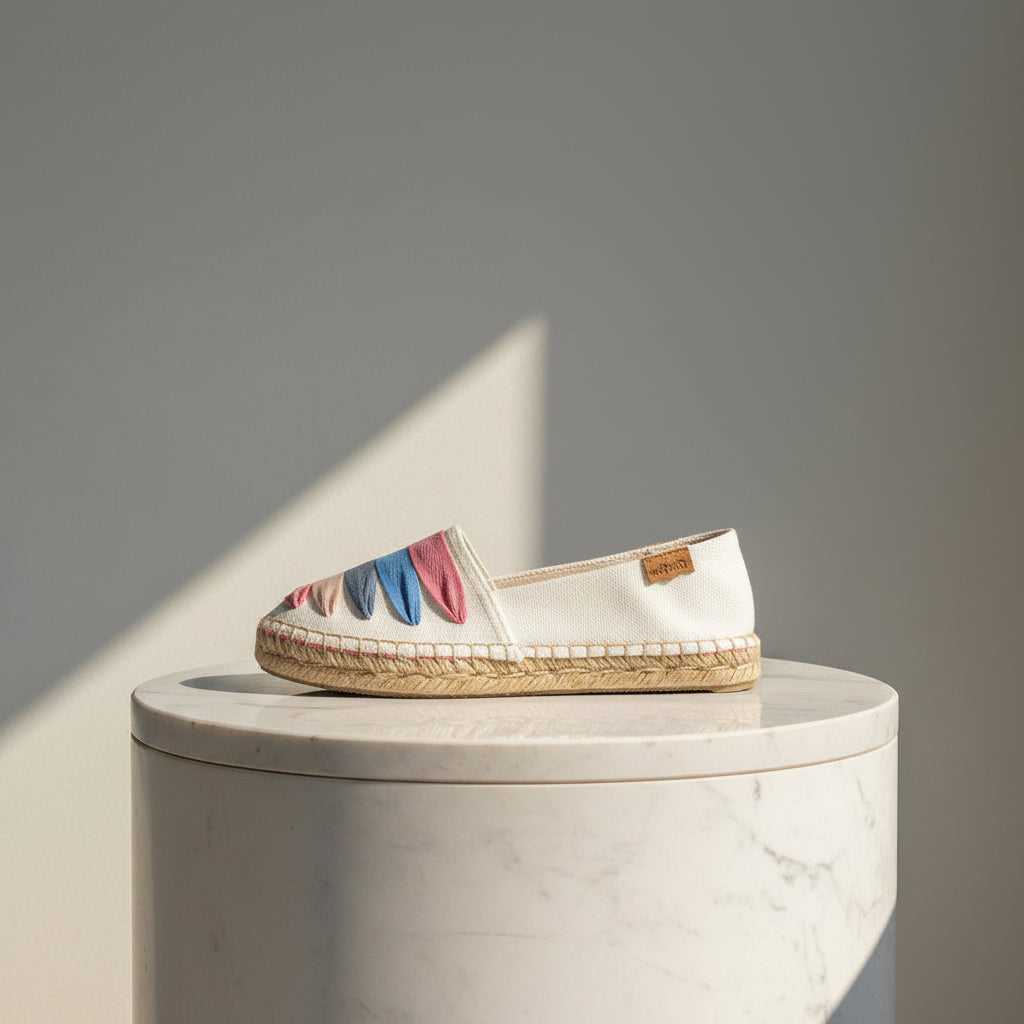 A single slip-on espadrille shoe with a white canvas upper, colorful striped fabric accents in pink, blue, and red, and a natural jute-wrapped sole, displayed on a white marble cylinder pedestal against a gray background.