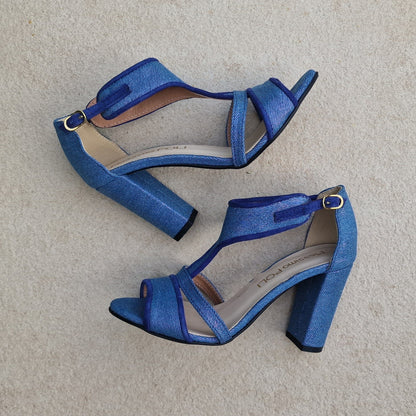Blue denim high heel strap sandals in petite size