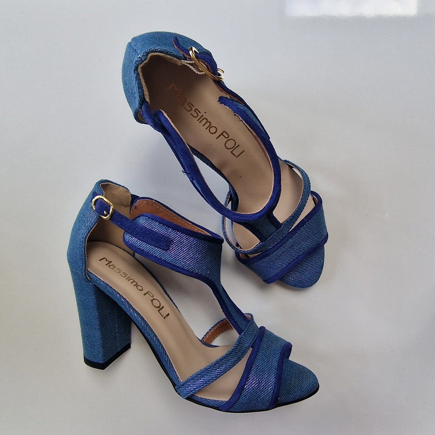 Open toe block heel strap sandals in blue denim 