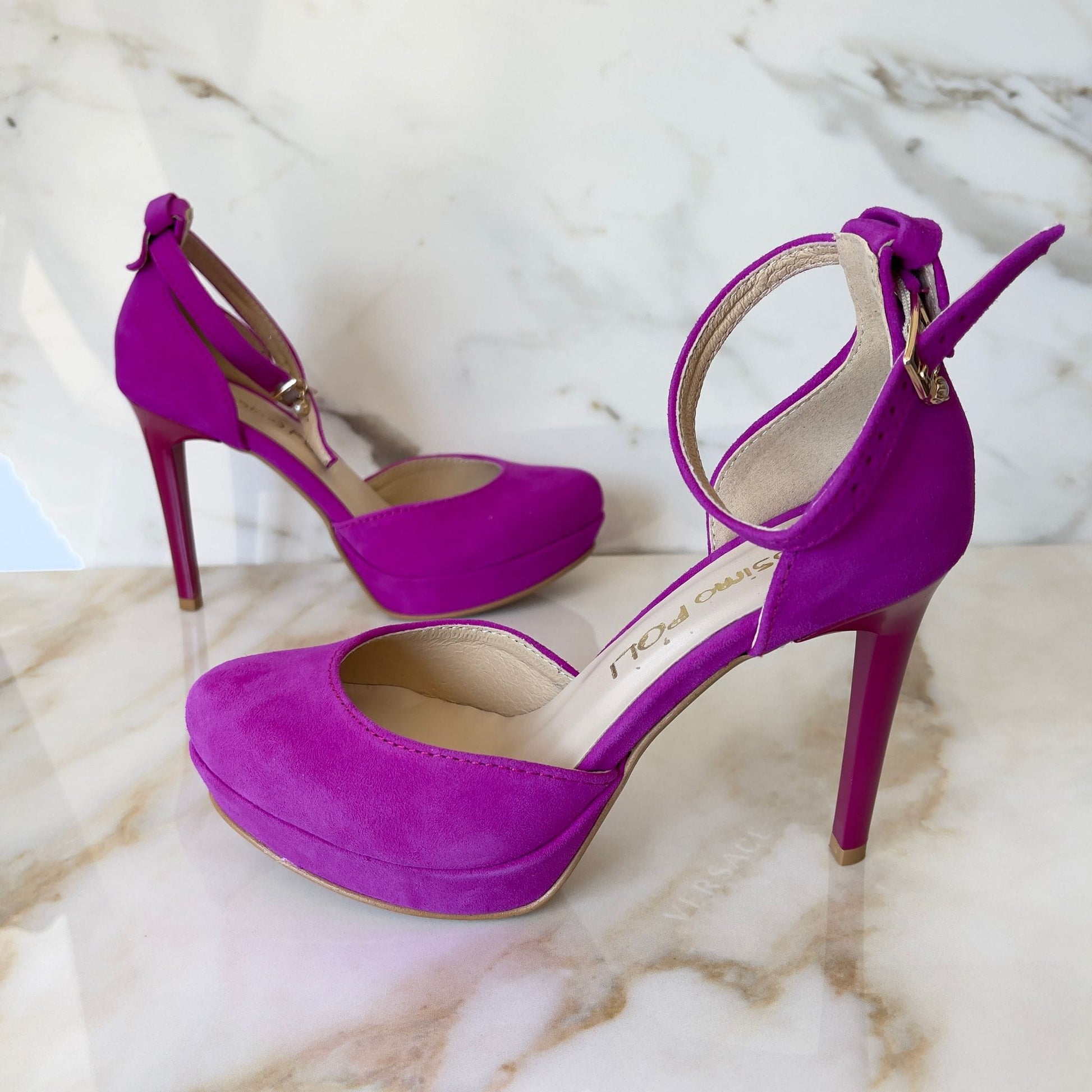 High heel platform sandals in pink suede leather