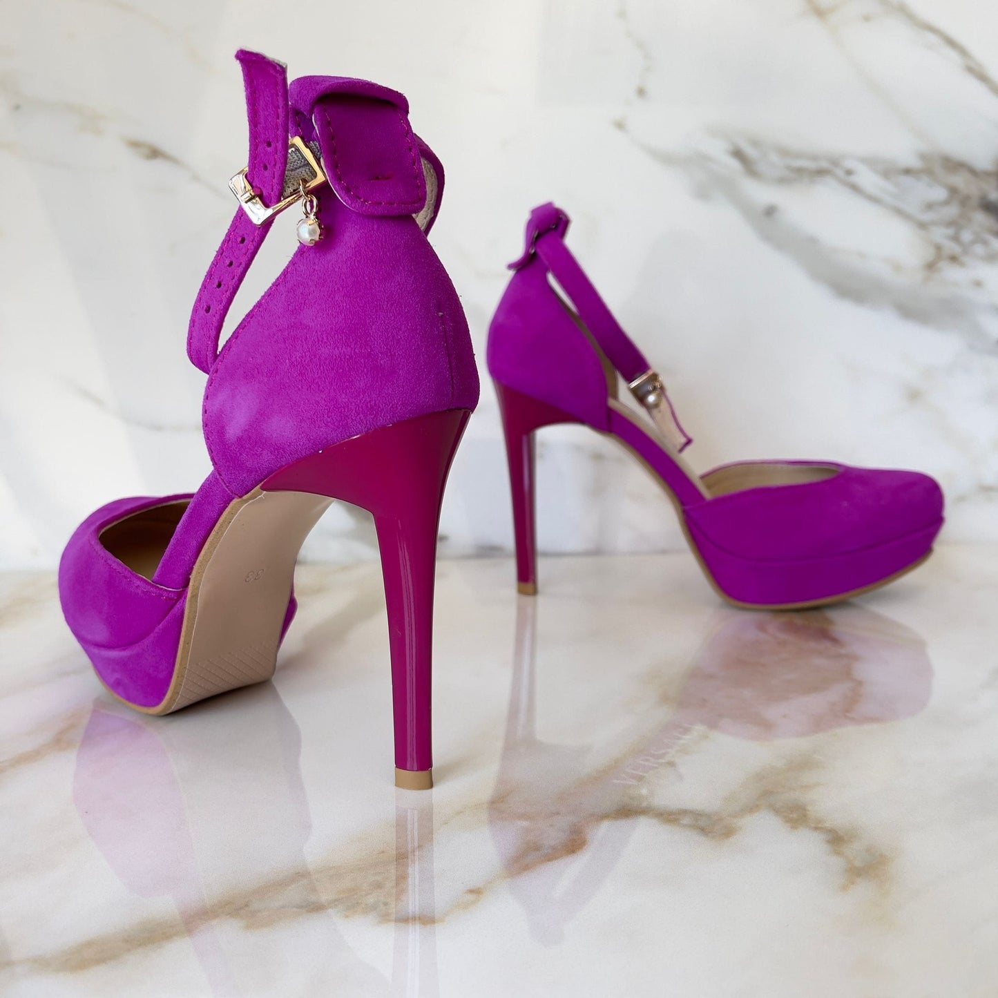 High heel platform sandals in pink suede leather