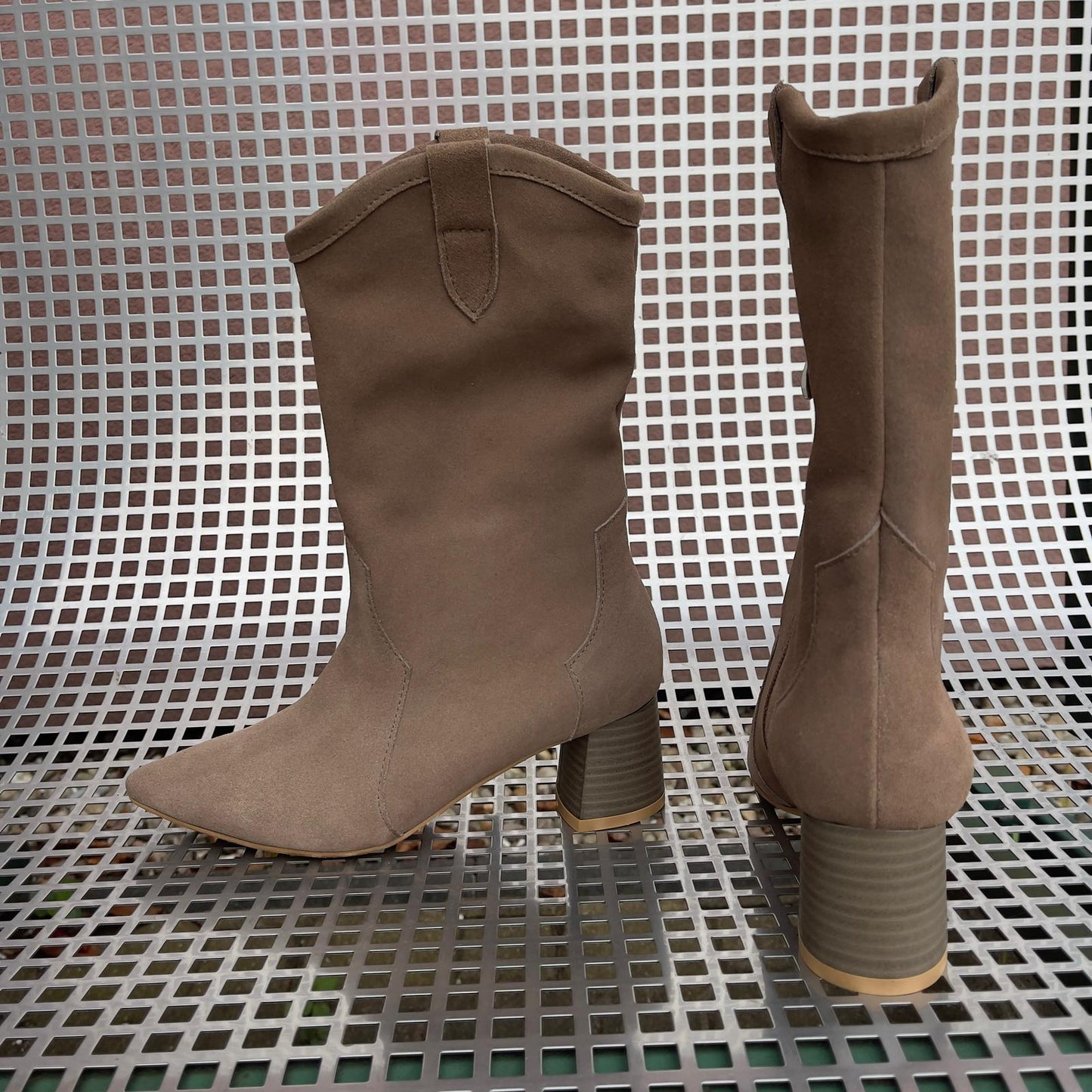 Beige leather mid calf western boots