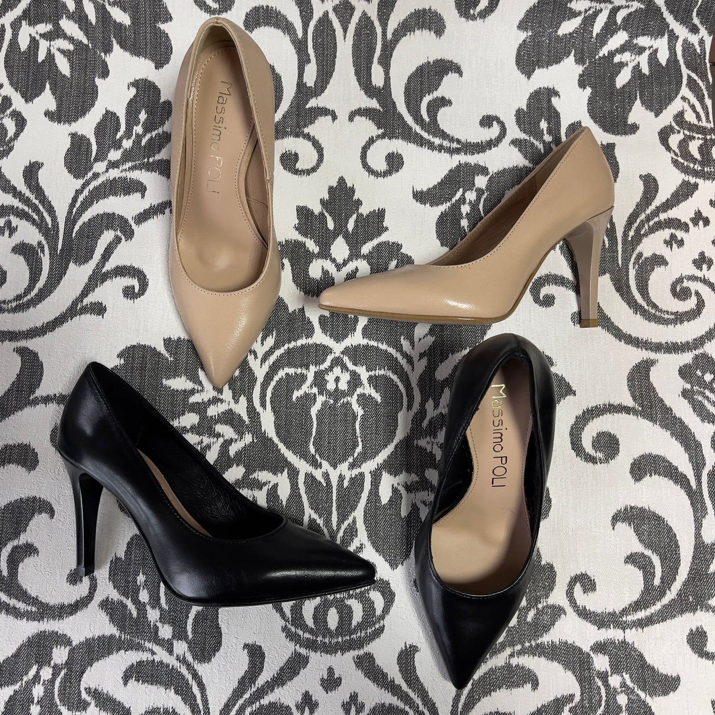 A collection of black and nude leather court heels in small size