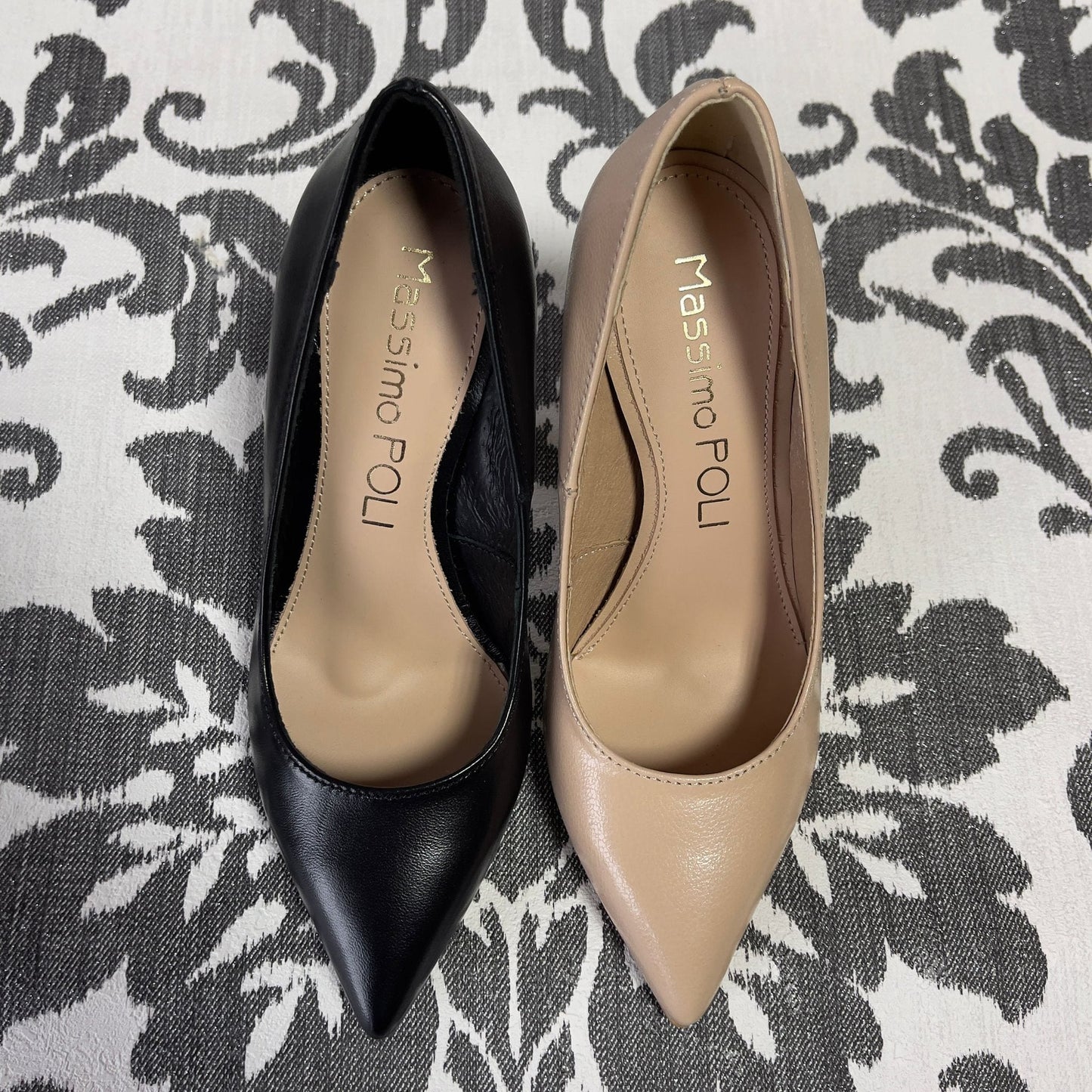 A collection of black and nude leather court heels in small size