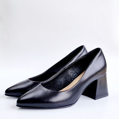 Pointed toe, block heel black leather court shoes