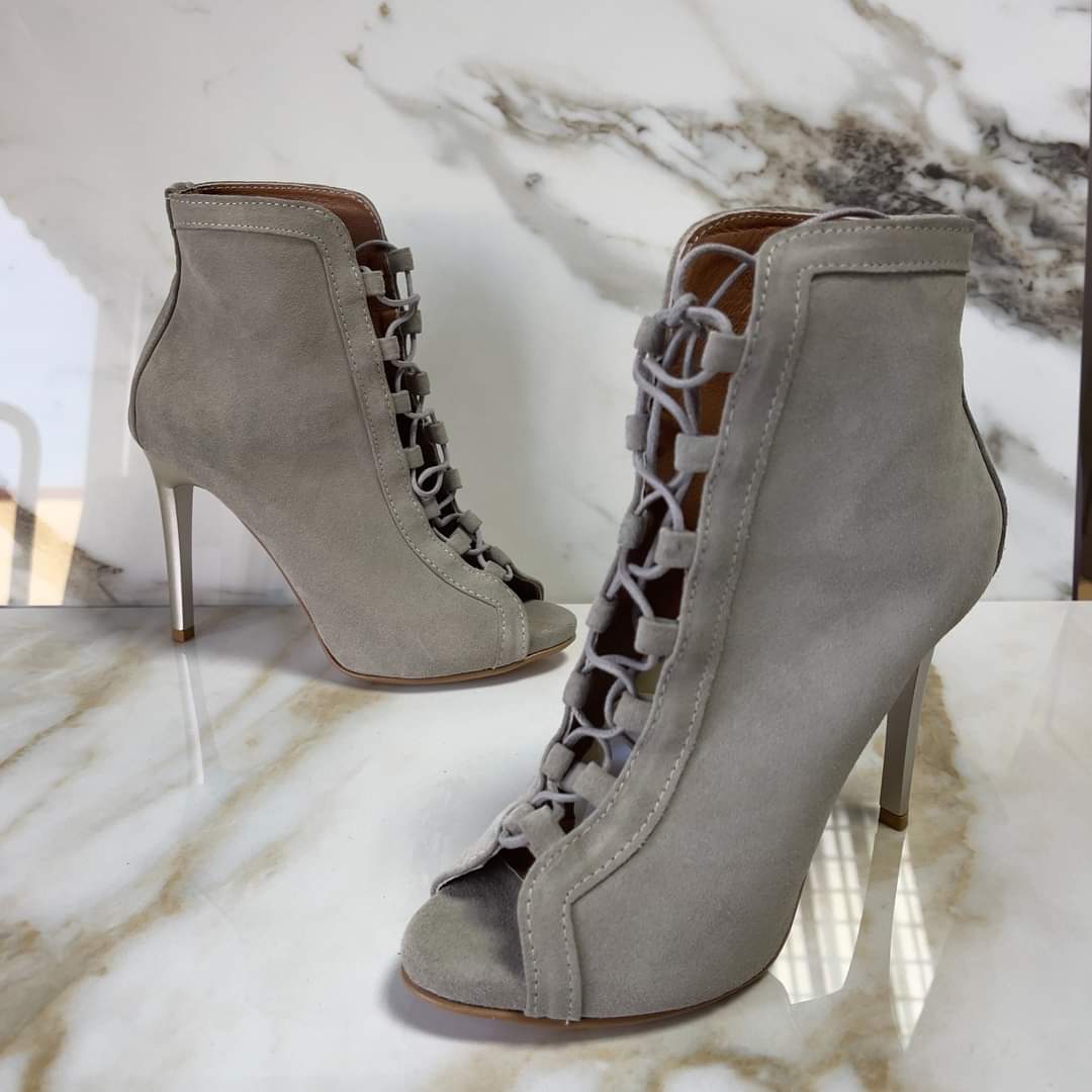 Grey suede high heel platform ankle boots