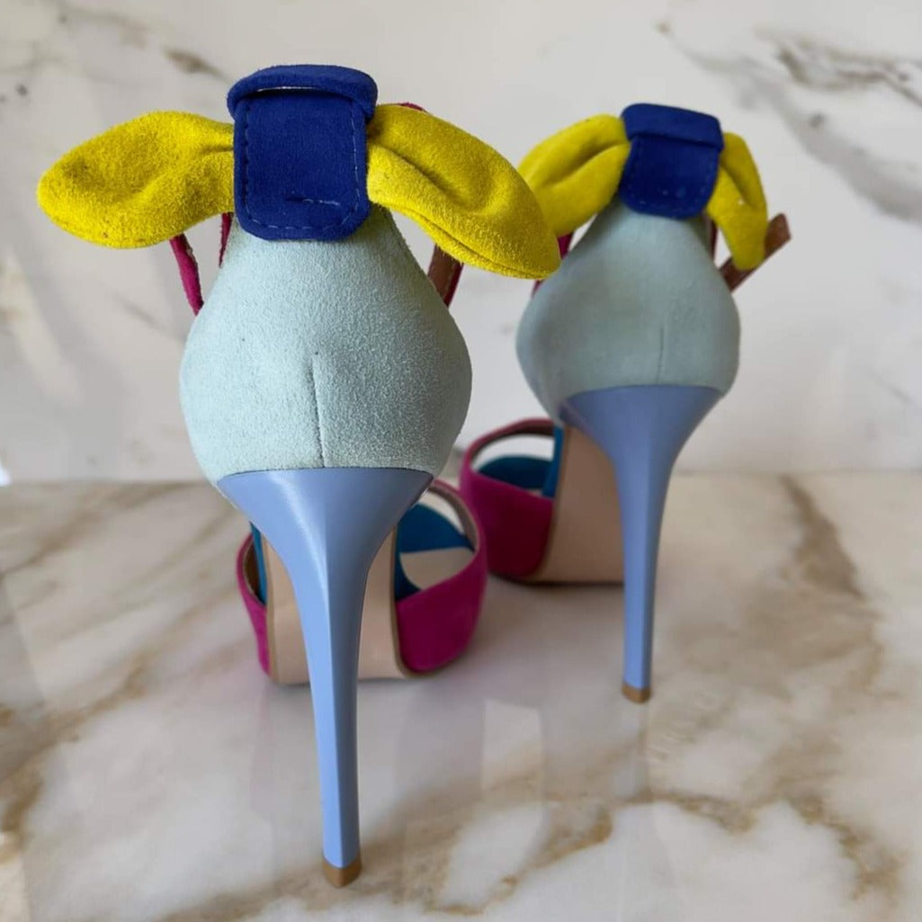 High heel stiletto sandals in blue and yellow