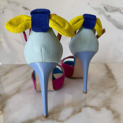 High heel stiletto sandals in blue and yellow
