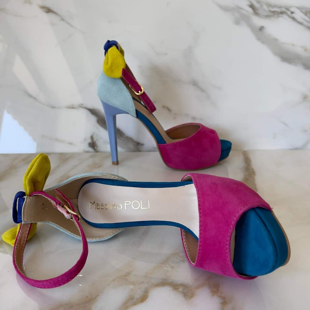 Open toe platform sandals in pink, blue and yellow suede leather