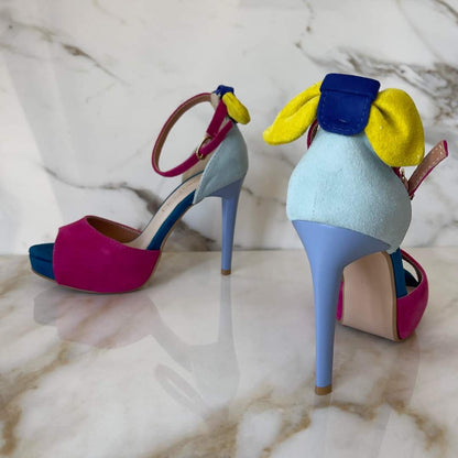 Hidden platform open toe suede sandals in colourful suede leather