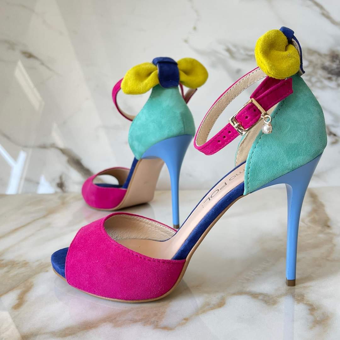 Hidden platform open toe suede sandals in colourful suede leather