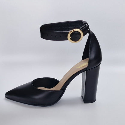 Pointed toe black leather ankle strap court shoes