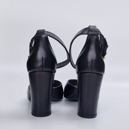 Block heel black leather ankle strap court shoes