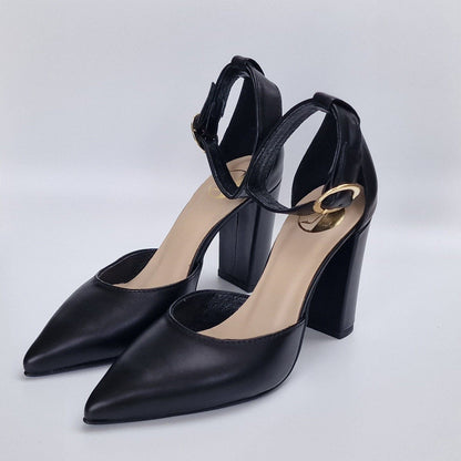 Ankle strap block heel court sandals in black