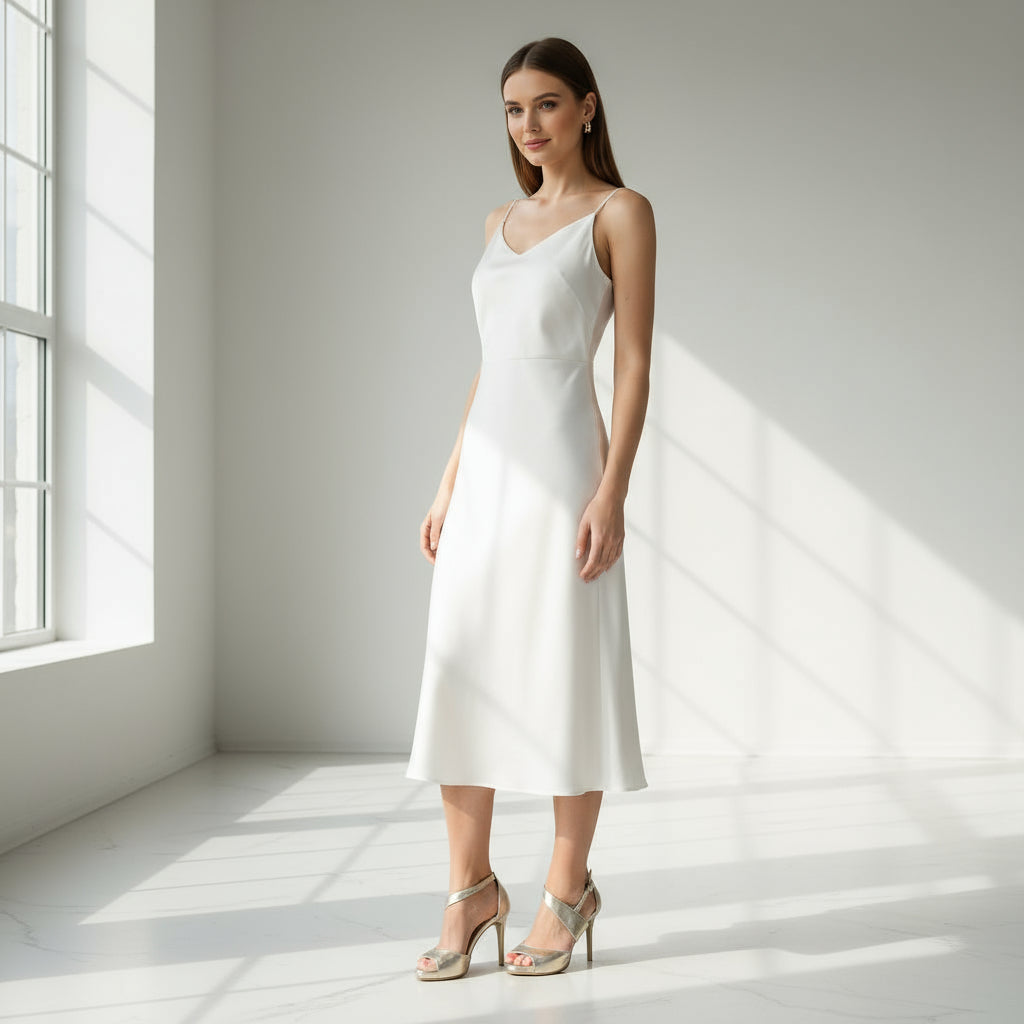a woman standing on a marble floor wearing gold leather heels