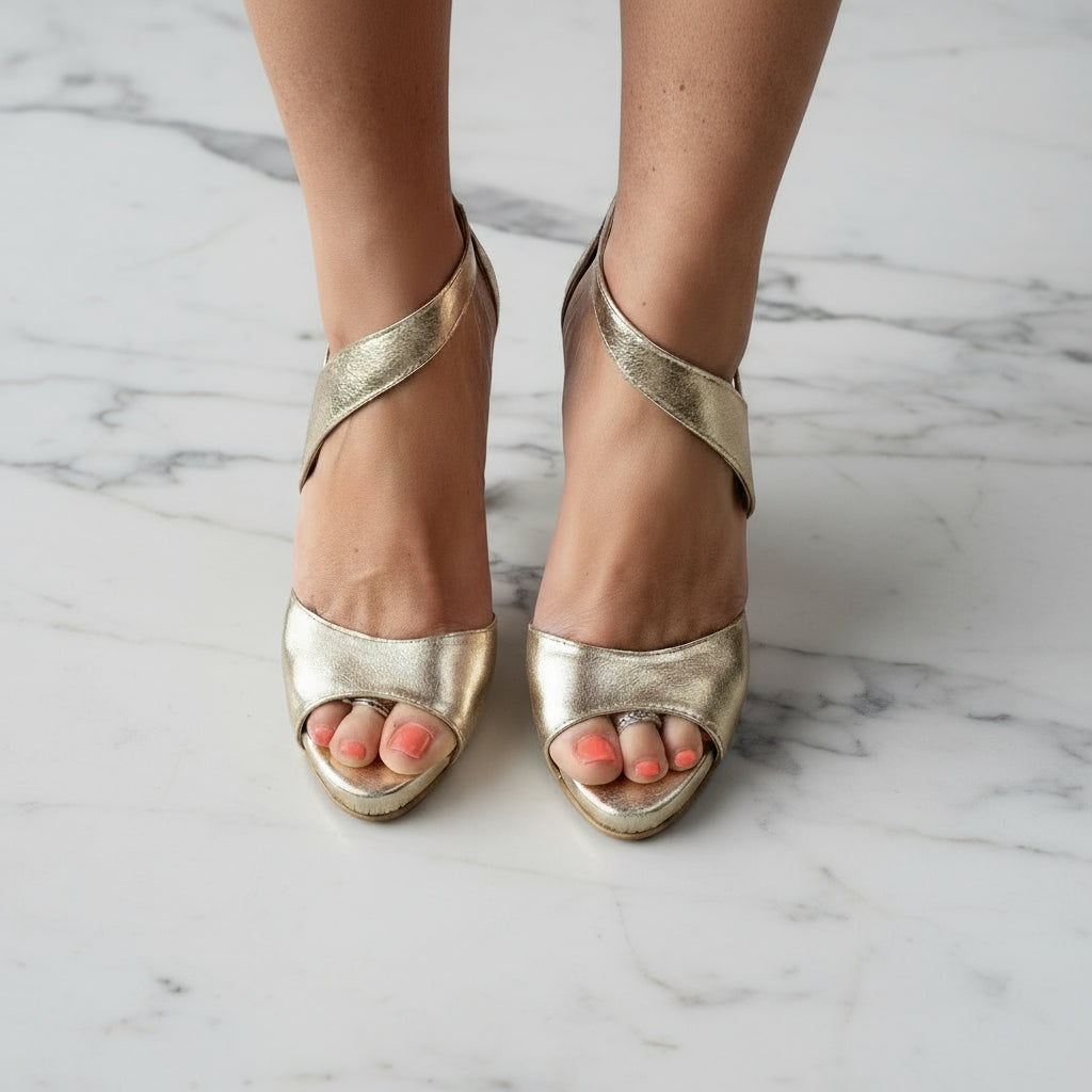 Gold leather petite high heel sandals