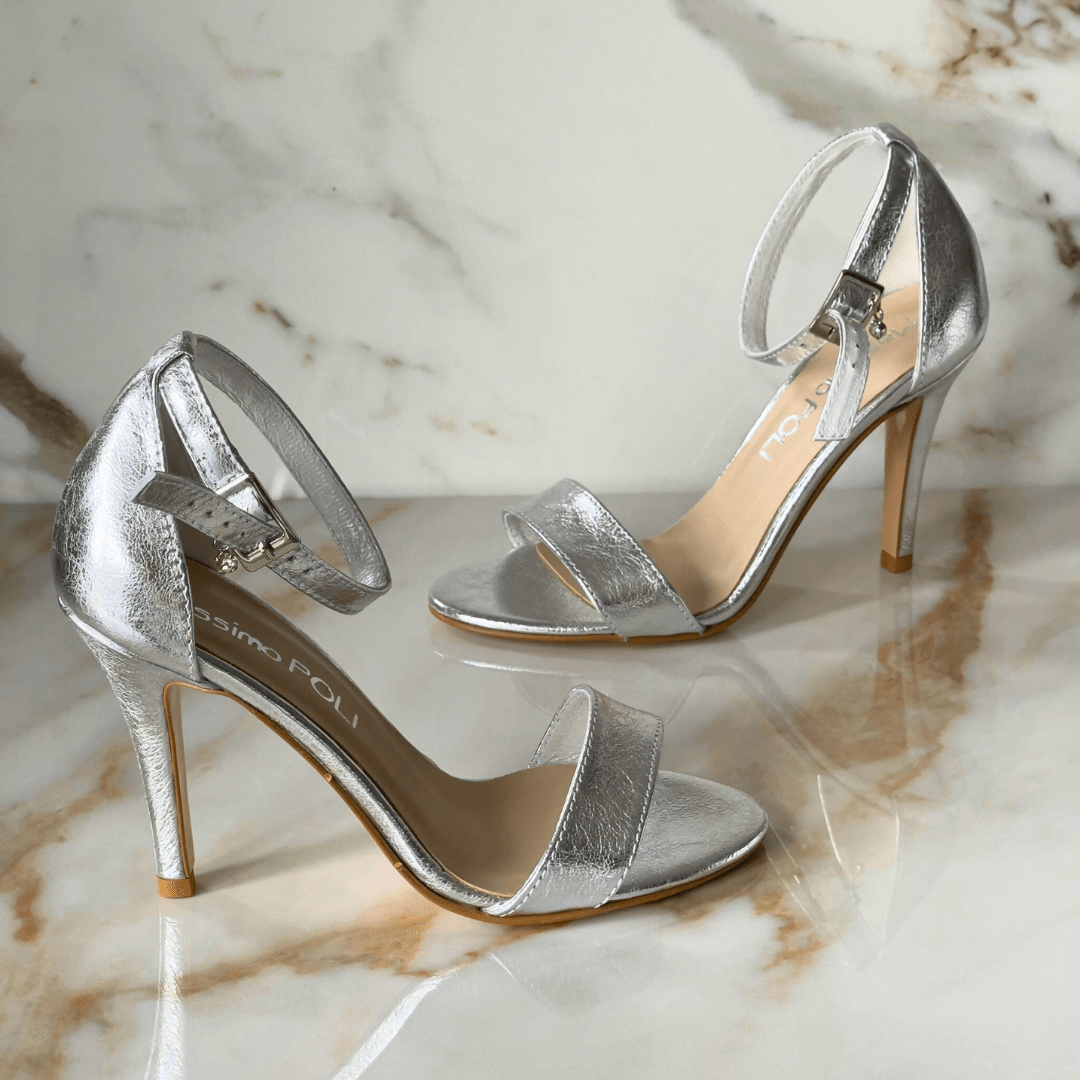 Silver leather ankle strap high heel sandals