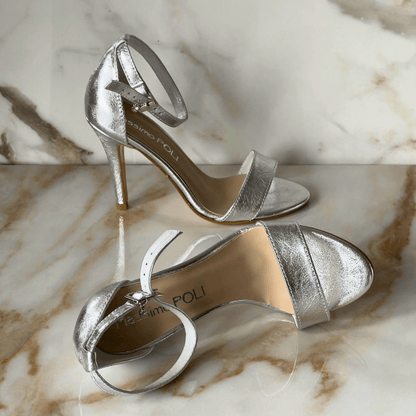 Silver leather ankle strap high heel sandals