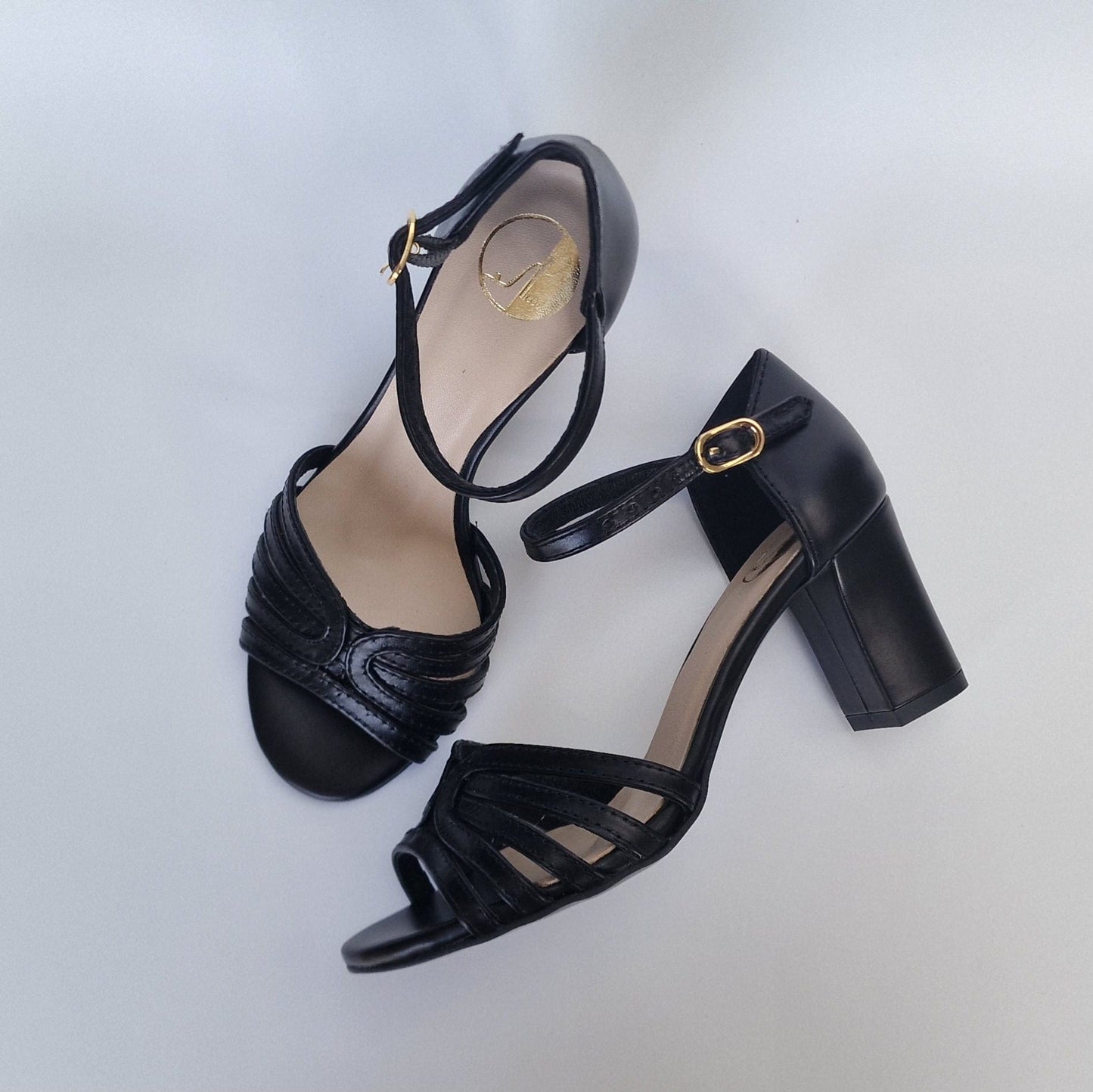 Black leather block heel small size ladies sandals