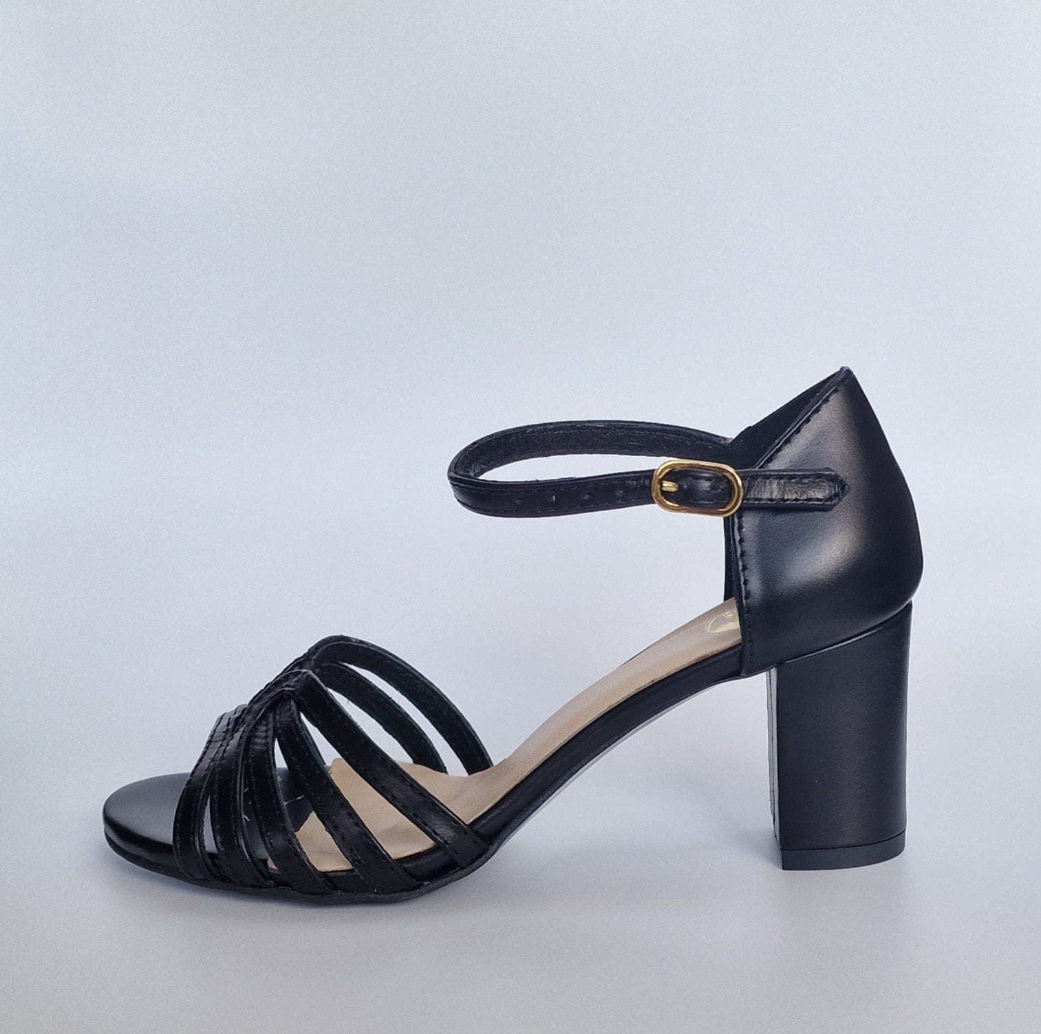 Bock heel black leather strap sandals