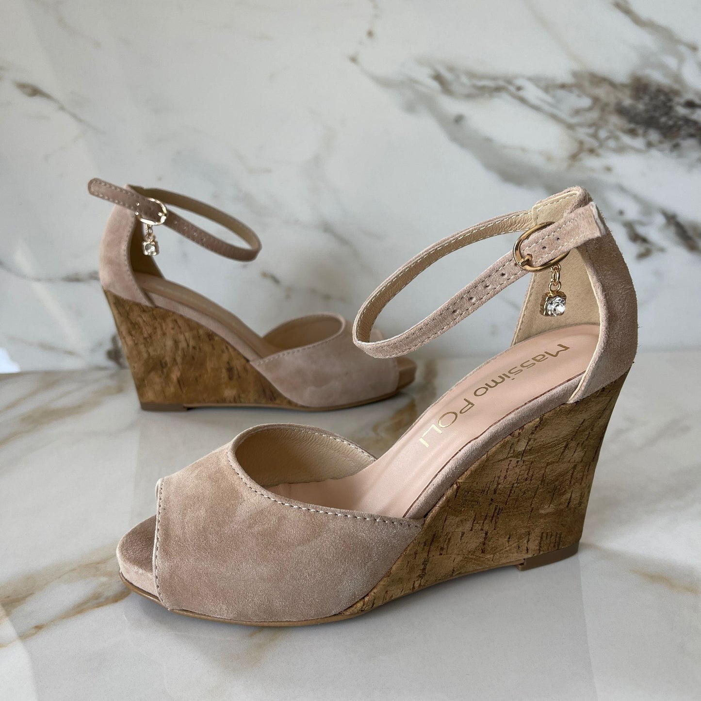 Nude suede petite wedge shoes