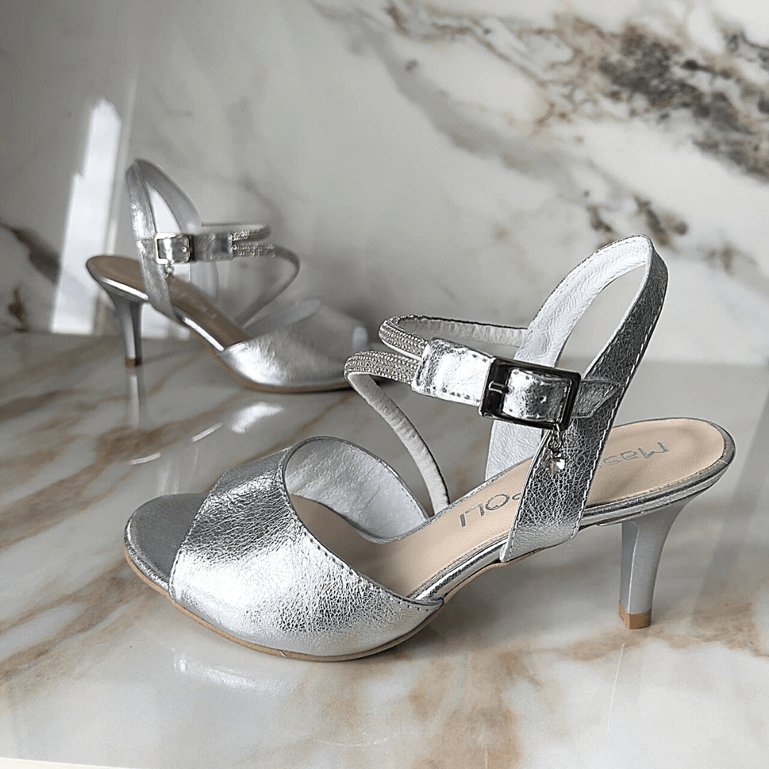 Open toe kitten heel silver wedding sandals