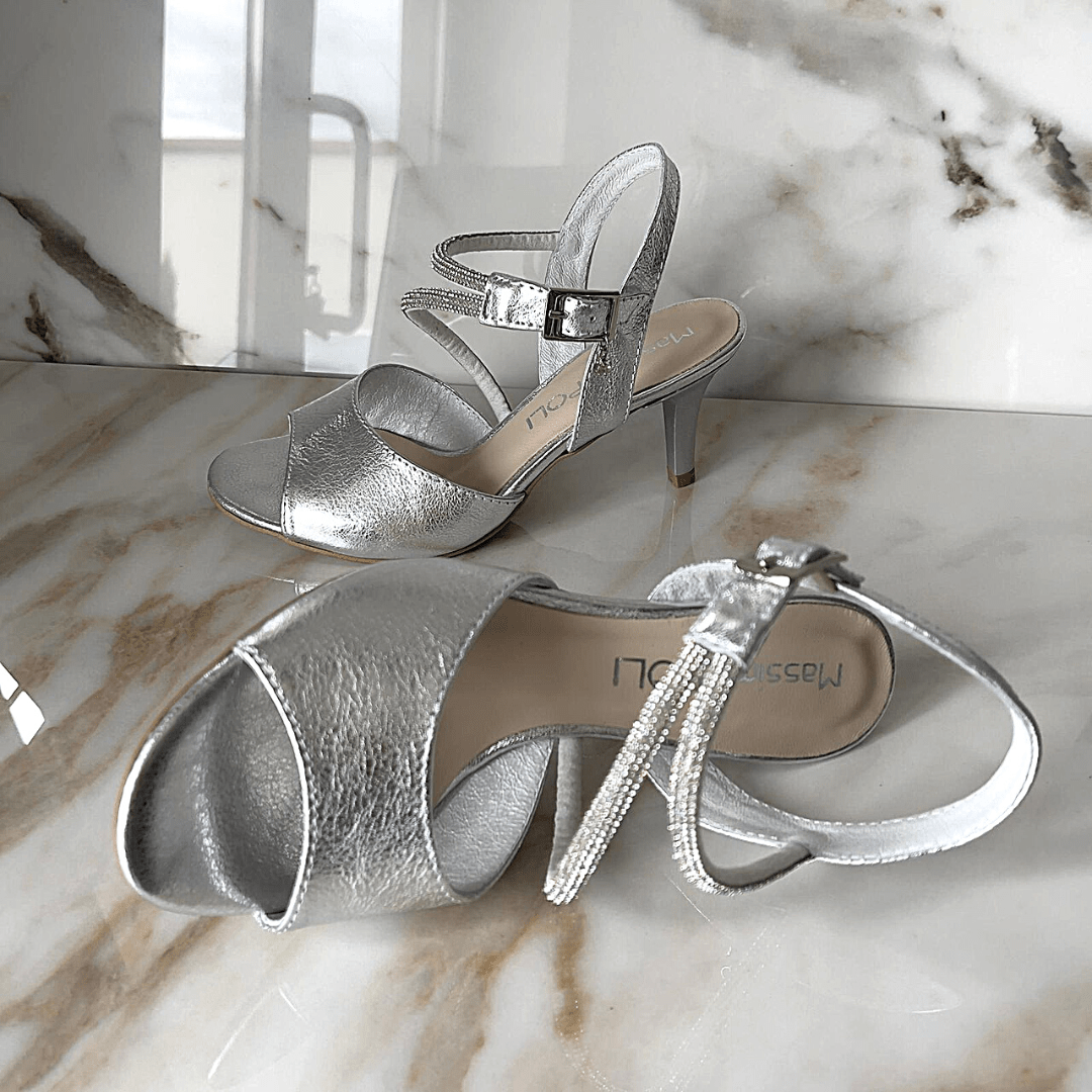 Open toe kitten heel silver wedding sandals