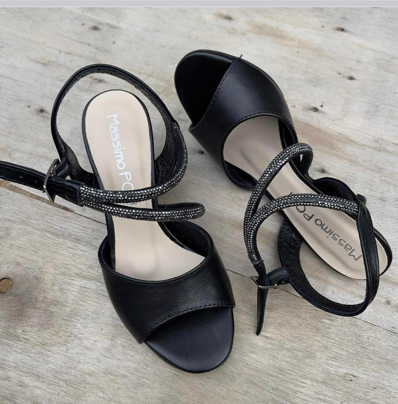 Cross strap kitten heel sandals in black leather