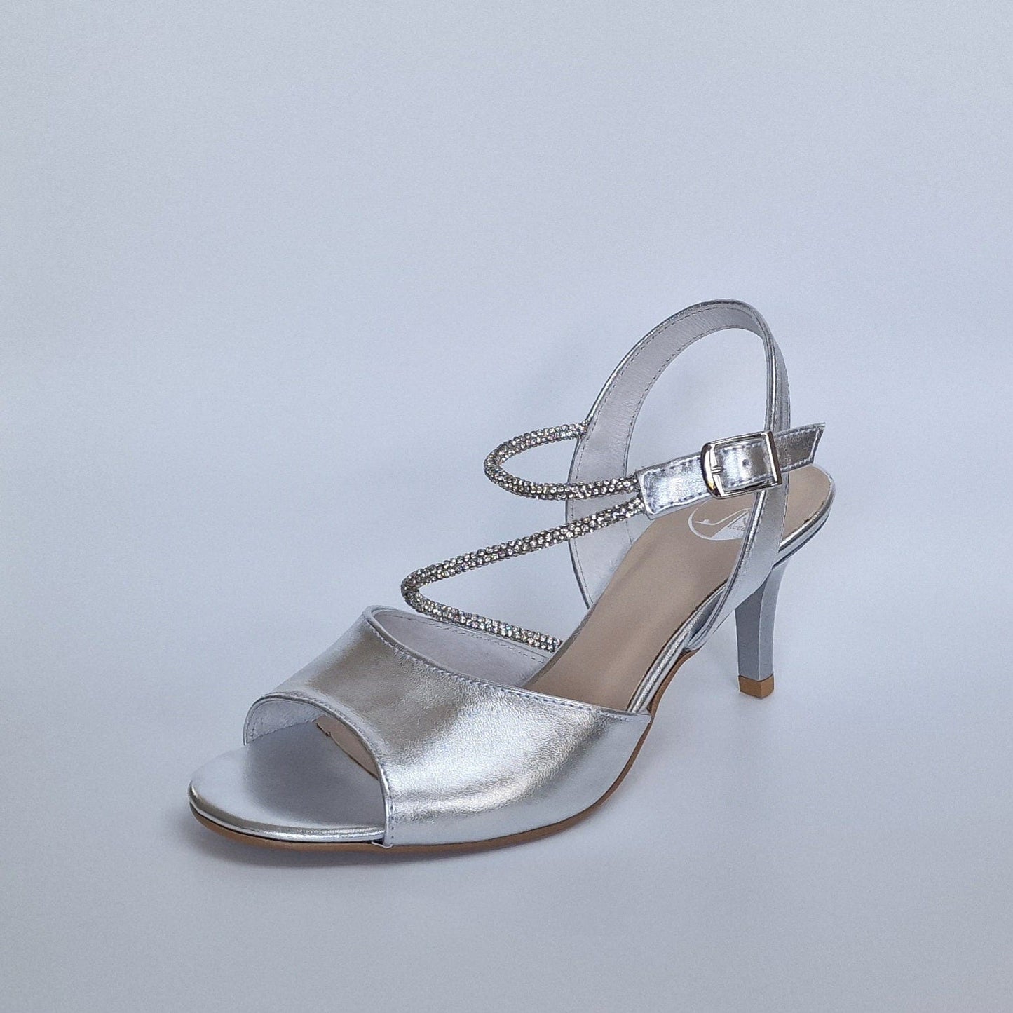 Kitten heel cross strap diamanté sandals in silver leather