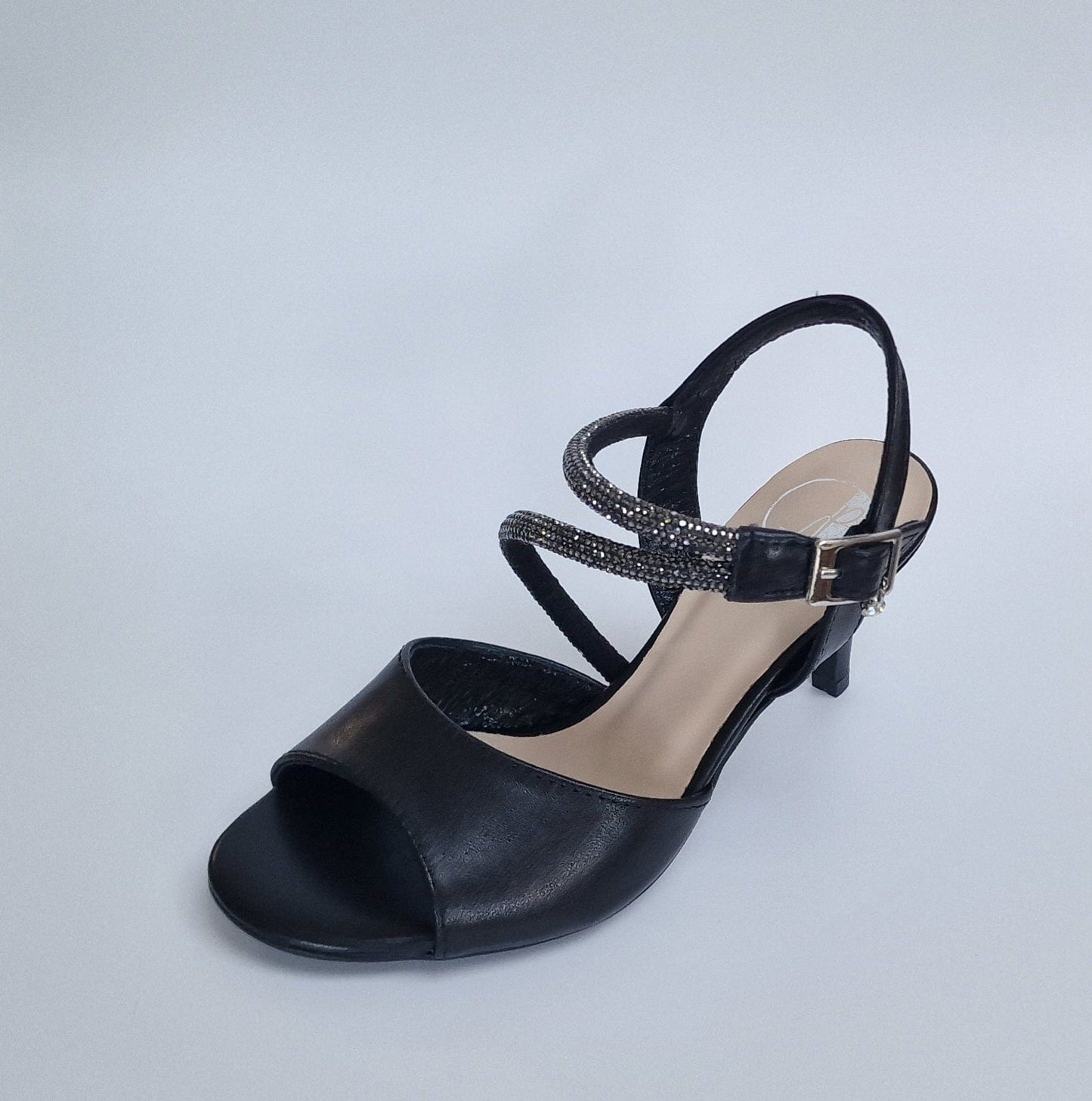Kitten heel cross strap diamanté sandals in black leather