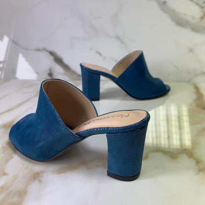 Mid block heel mules in blue leather